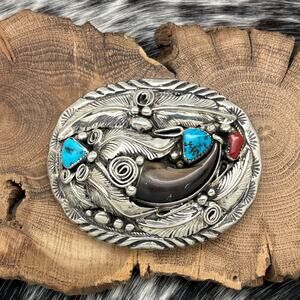 1970s Native American NAVAJO Sterling Silver Turquoise Coral & Claw Belt Buckle